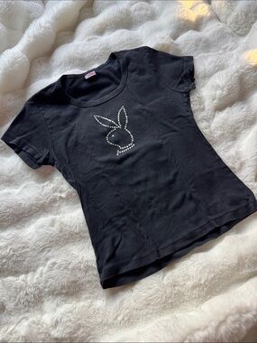 Black Women’s Y2k Short Sleeve Tee with Rhinestone Playboy Bunny Graphic